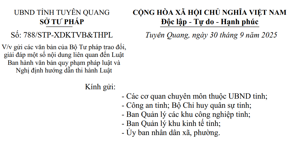 Công văn số 788/STP-XDKTVB&THPL ngày 30/9/2025 của Sở Tư pháp
