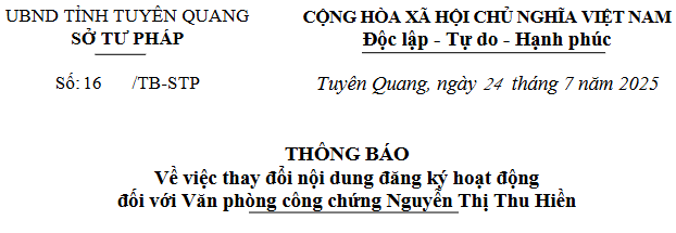 Thông báo thay đổi nội dung đăng ký hoạt động đối với Văn phòng công chứng Nguyễn Thị Thu Hiền