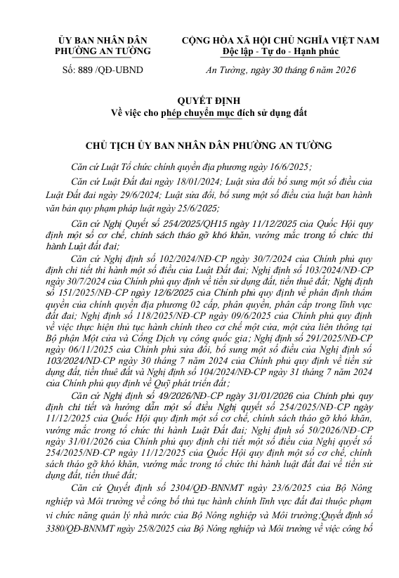 Quyết định về việc cho phép chuyển mục đích sử dụng đất 
