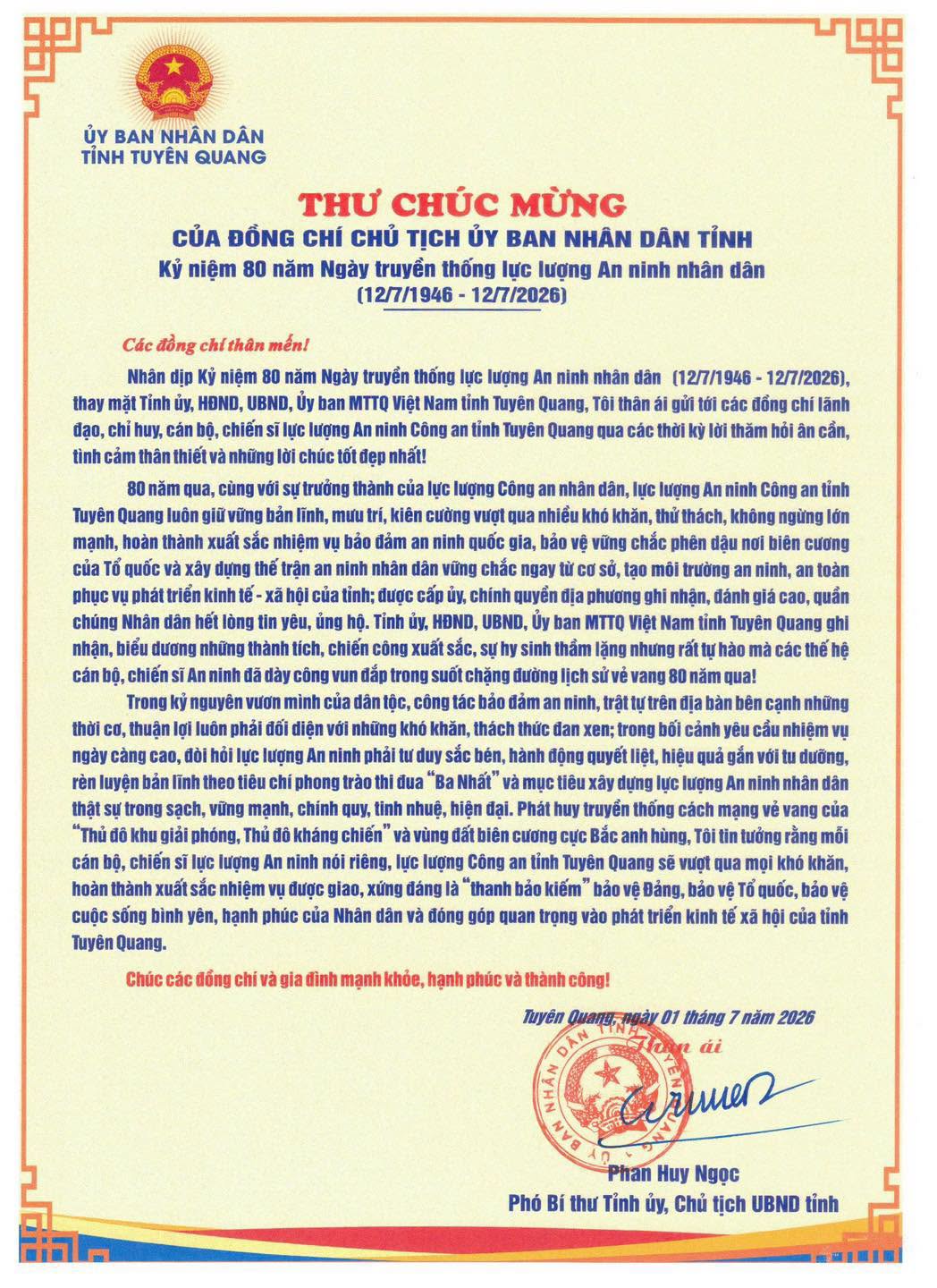 ĐỒNG CHÍ CHỦ TỊCH UBND TỈNH TUYÊN QUANG GỬI THƯ CHÚC MỪNG NHÂN KỶ NIỆM 80 NĂM NGÀY TRUYỀN THỐNG LỰC LƯỢNG AN NINH NHÂN DÂN (12/7/1946 - 12/7/2026)