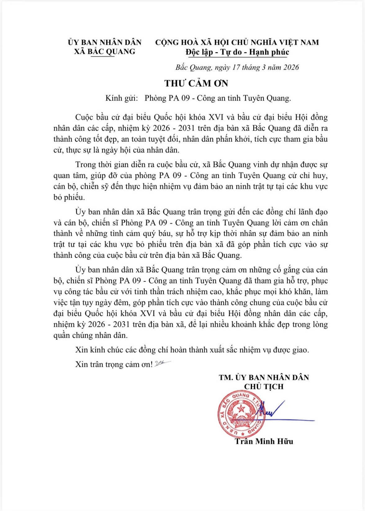 XÃ BẮC QUANG GỬI THƯ CẢM ƠN PHÒNG AN NINH ĐIỀU TRA