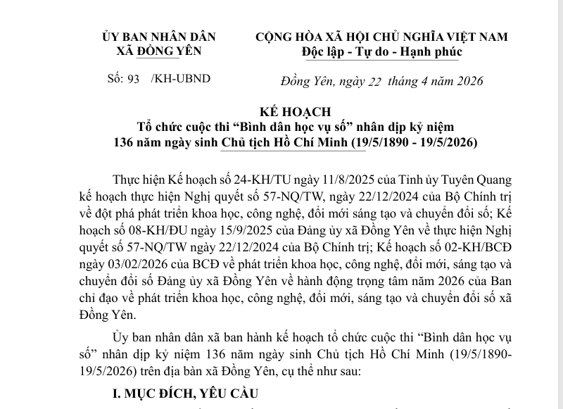 Số 93 /KH-UBND - KẾ HOẠCH  Tổ chức cuộc thi “Bình dân học vụ số” nhân dịp kỷ niệm   136 năm ngày sinh Chủ tịch Hồ Chí Minh (19/5/1890 - 19/5/2026) 