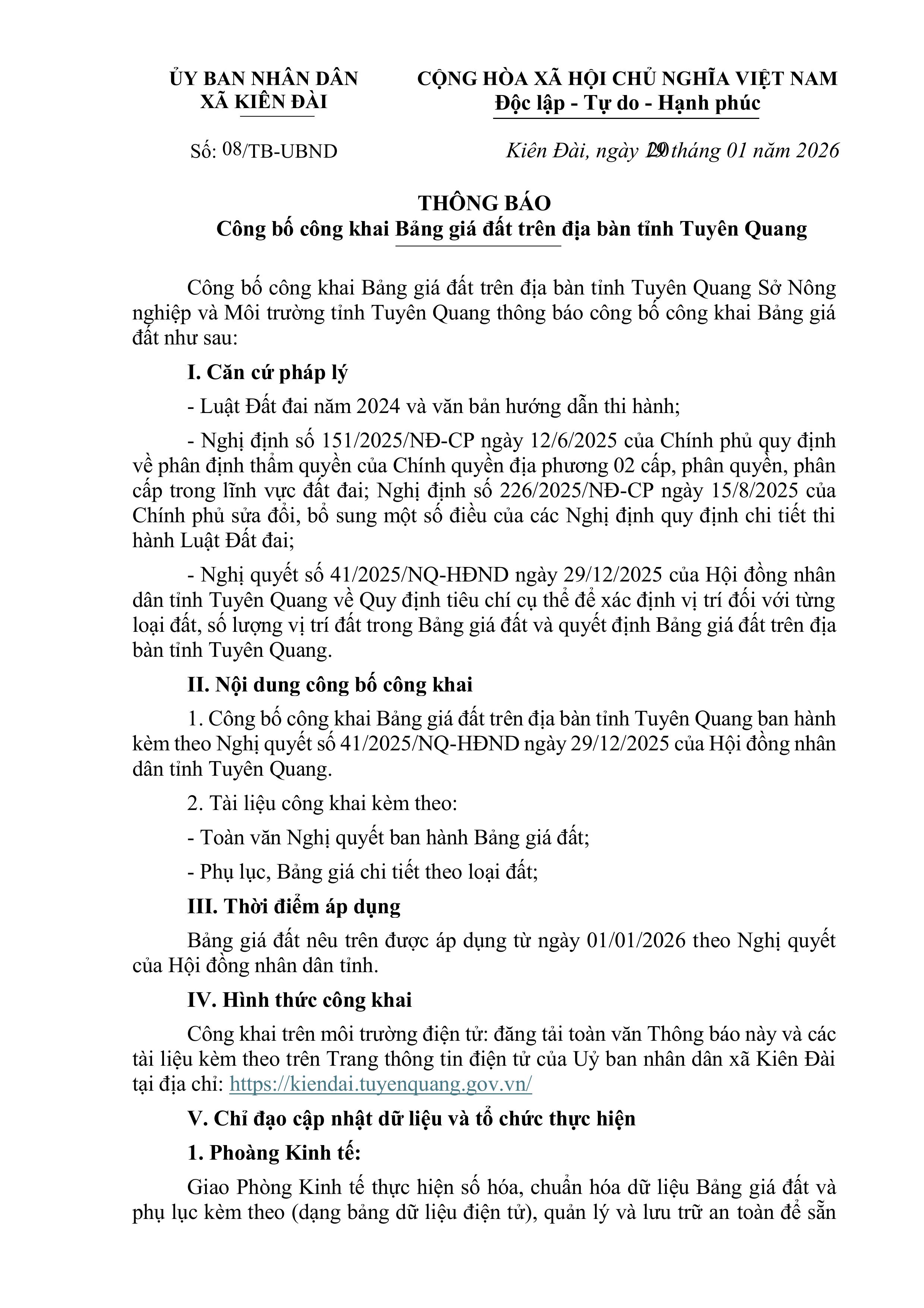 Công bố công khai Bảng giá đất trên địa bàn tỉnh Tuyên Quang