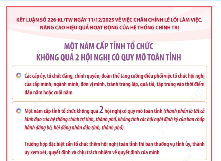 Kết luận số 226-KL/TW: Một năm cấp tỉnh tổ chức không quá 2 hội nghị có quy mô toàn tỉnh