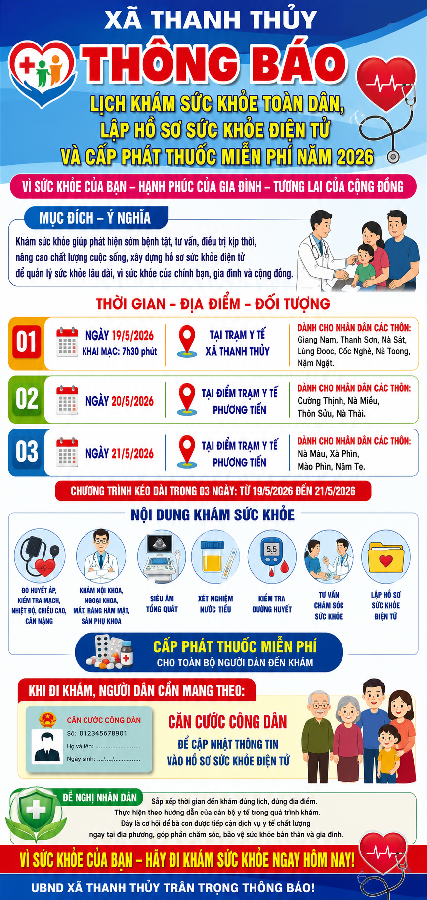 XÃ THANH THỦY THÔNG BÁO: LỊCH KHÁM SỨC KHỎE TOÀN DÂN, LẬP HỒ SƠ SỨC KHỎE ĐIỆN TỬ VÀ CẤP PHÁT THUỐC MIỄN PHÍ NĂM 2026.