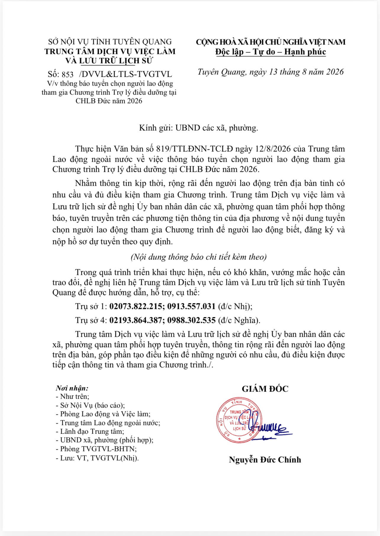 Thông báo tuyển chọn người lao động tham gia Chương trình Trợ lý điều dưỡng tại CHLB Đức năm 2026