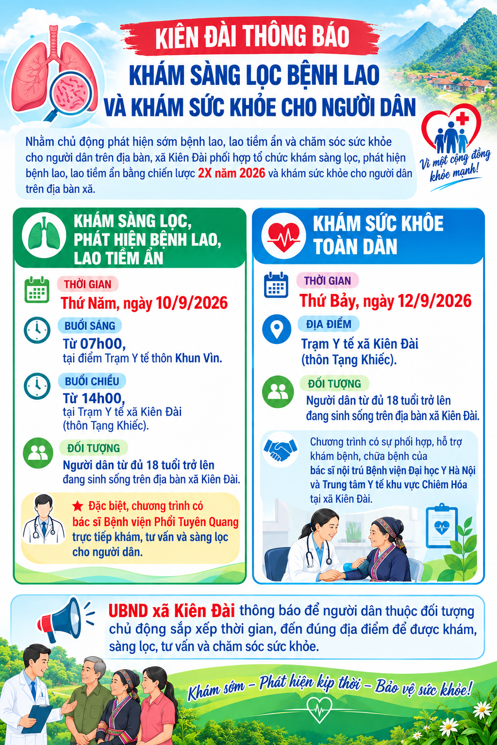 Kiên Đài: Thông báo khám sàng lọc bệnh lao và khám sức khỏe toàn dân