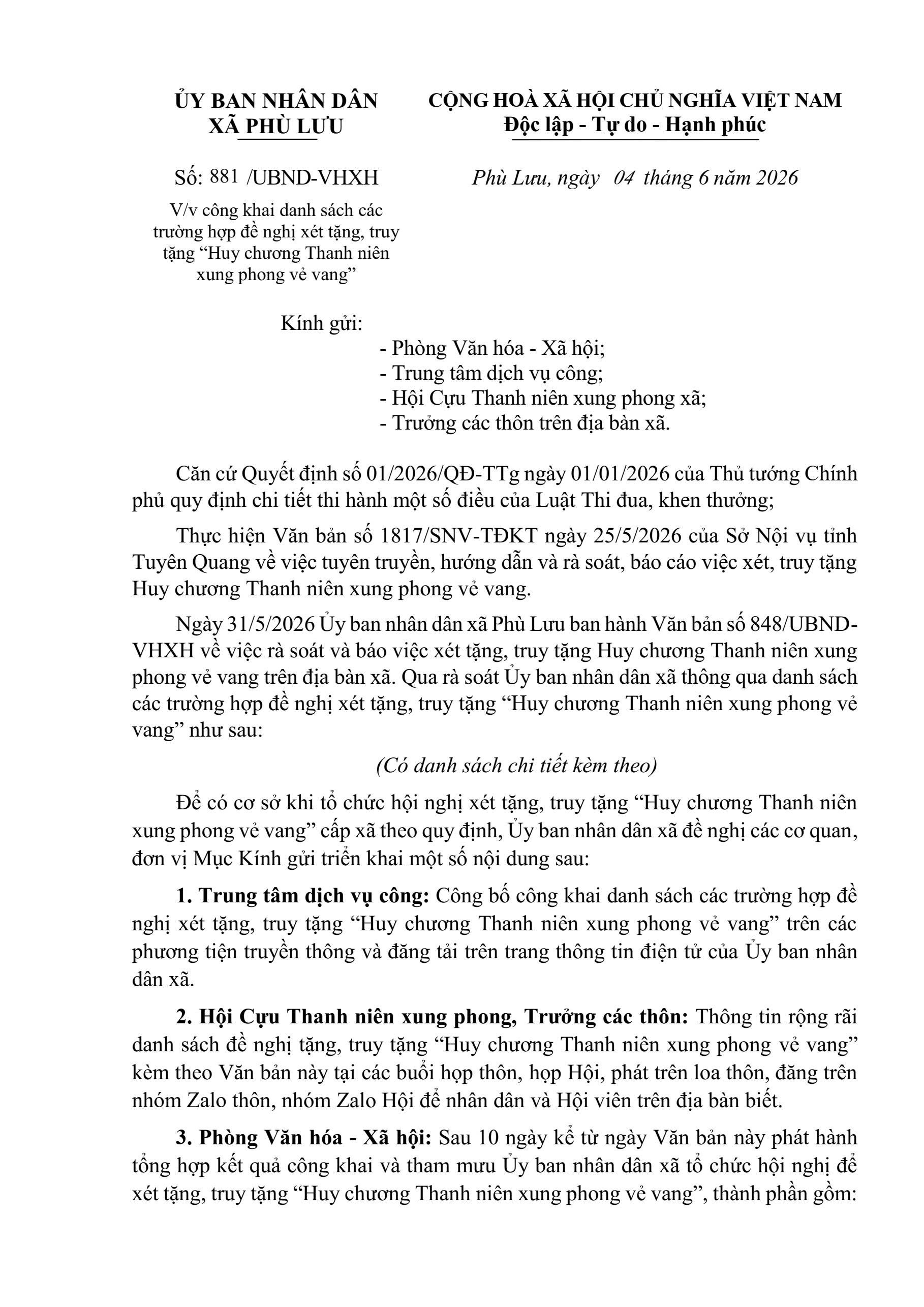 Công khai danh sách các trường hợp đề nghị xét tặng, truy tặng Huy chương Thanh niên xung phong vẻ vang
