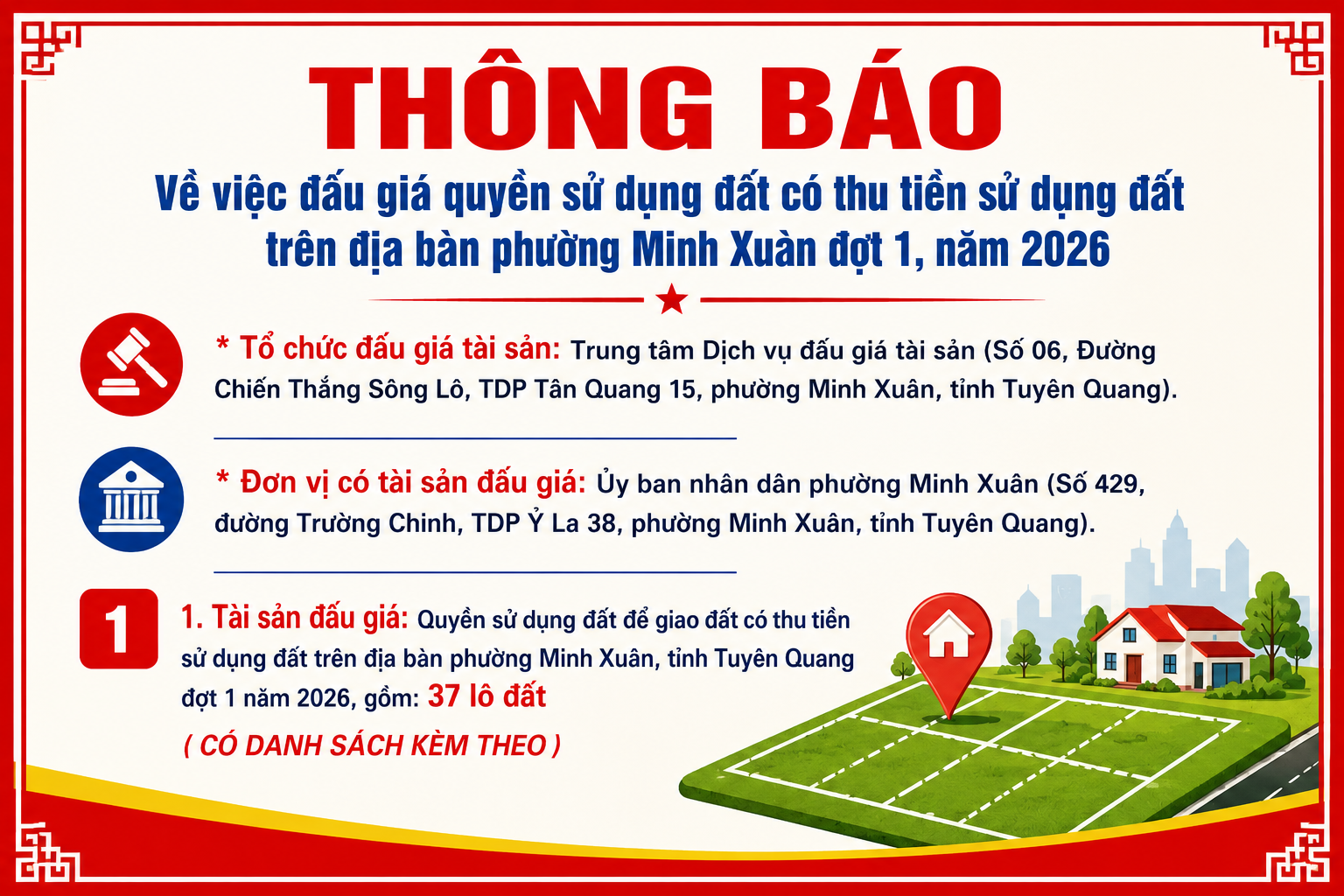 THÔNG BÁO Về việc đấu giá quyền sử dụng đất có thu tiền sử dụng đất trên địa bàn phường Minh Xuân đợt 1, năm 2026