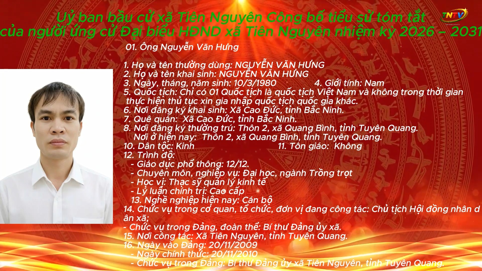 Uỷ ban bầu cử xã Tiên Nguyên Công bố tiểu sử tóm tắt của người ứng cử Đại biểu HĐND xã Tiên Nguyên nhiệm kỳ 2026 - 2031