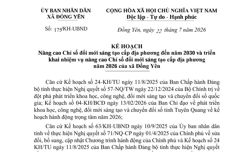 Số: 175/KH-UBND KẾ HOẠCH  Nâng cao Chỉ số đổi mới sáng tạo cấp địa phương đến năm 2030 và triển  khai nhiệm vụ nâng cao Chỉ số đổi mới sáng tạo cấp địa phương  năm 2026 của xã Đồng Yên