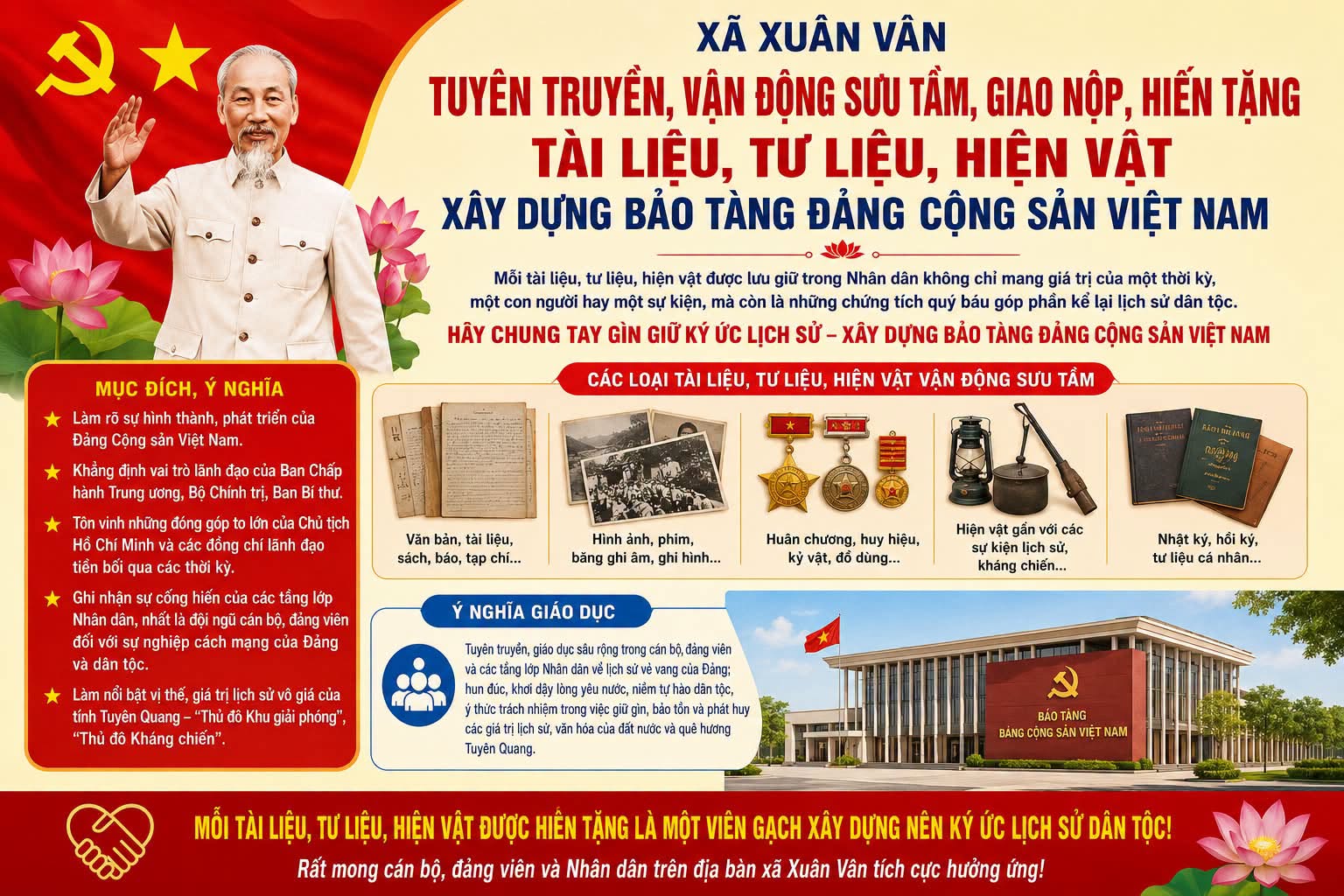 XÃ XUÂN VÂN ĐẨY MẠNH TUYÊN TRUYỀN, VẬN ĐỘNG SƯU TẦM, GIAO NỘP, HIẾN TẶNG TÀI LIỆU, TƯ LIỆU, HIỆN VẬT XÂY DỰNG BẢO TÀNG ĐẢNG CỘNG SẢN VIỆT NAM