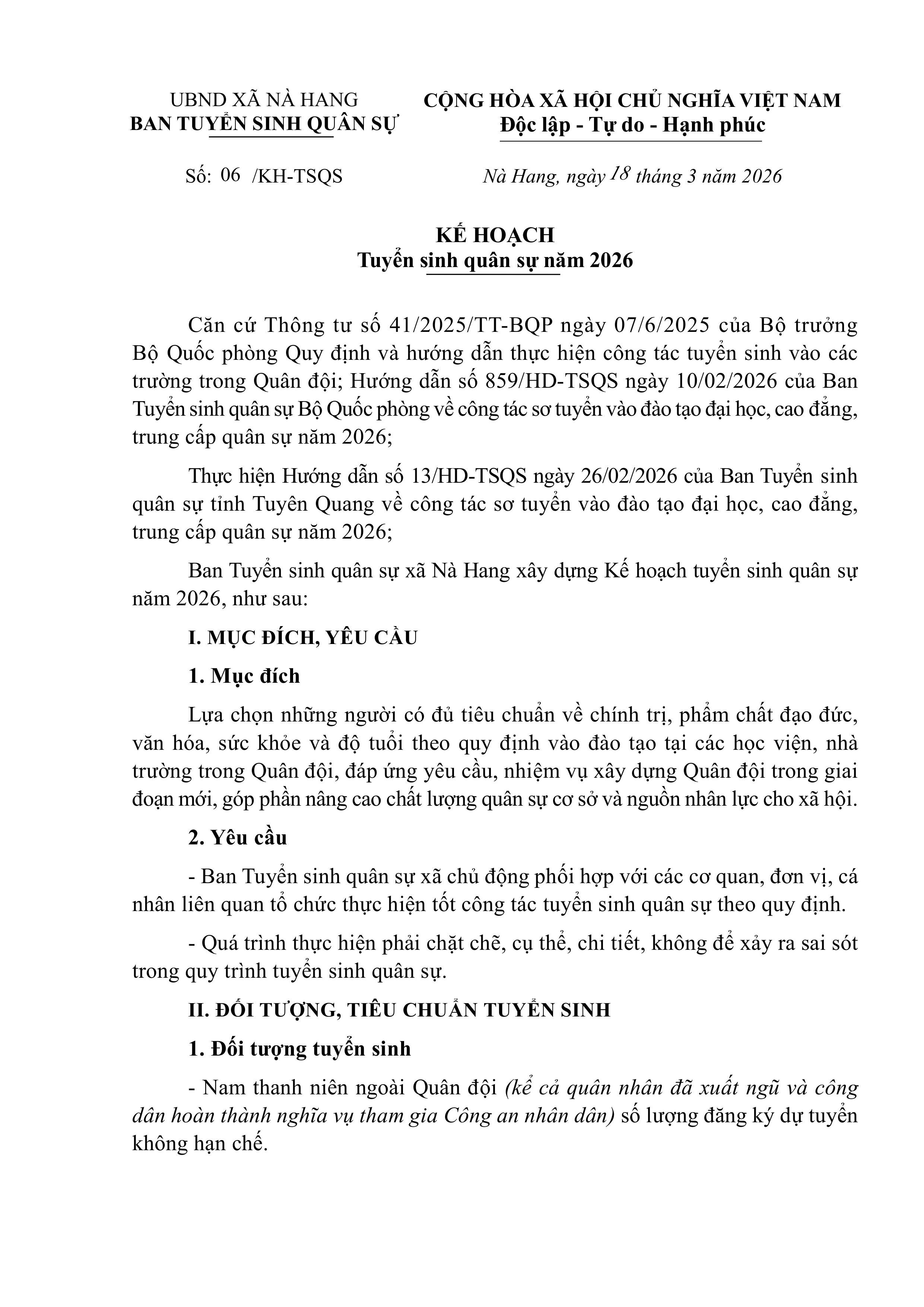 KẾ HOẠCH Tuyển sinh quân sự năm 2026