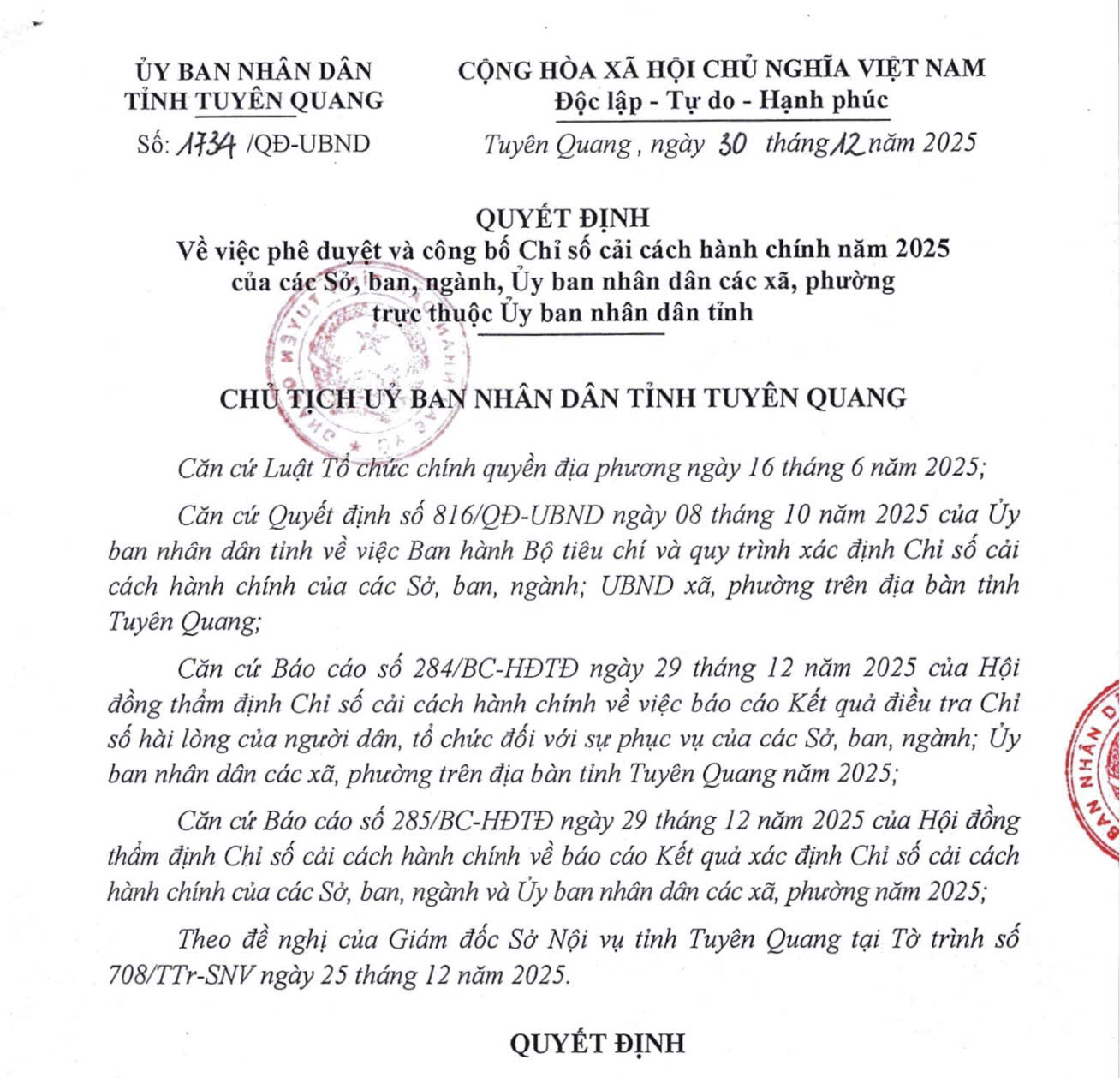 Quyết định về việc phê duyệt và công bố Chỉ số cải cách hành chính năm 2025 của các Sở, ban, ngành, Ủy ban nhân dân các xã, phường trực thuộc Ủy ban nhân dân tỉnh