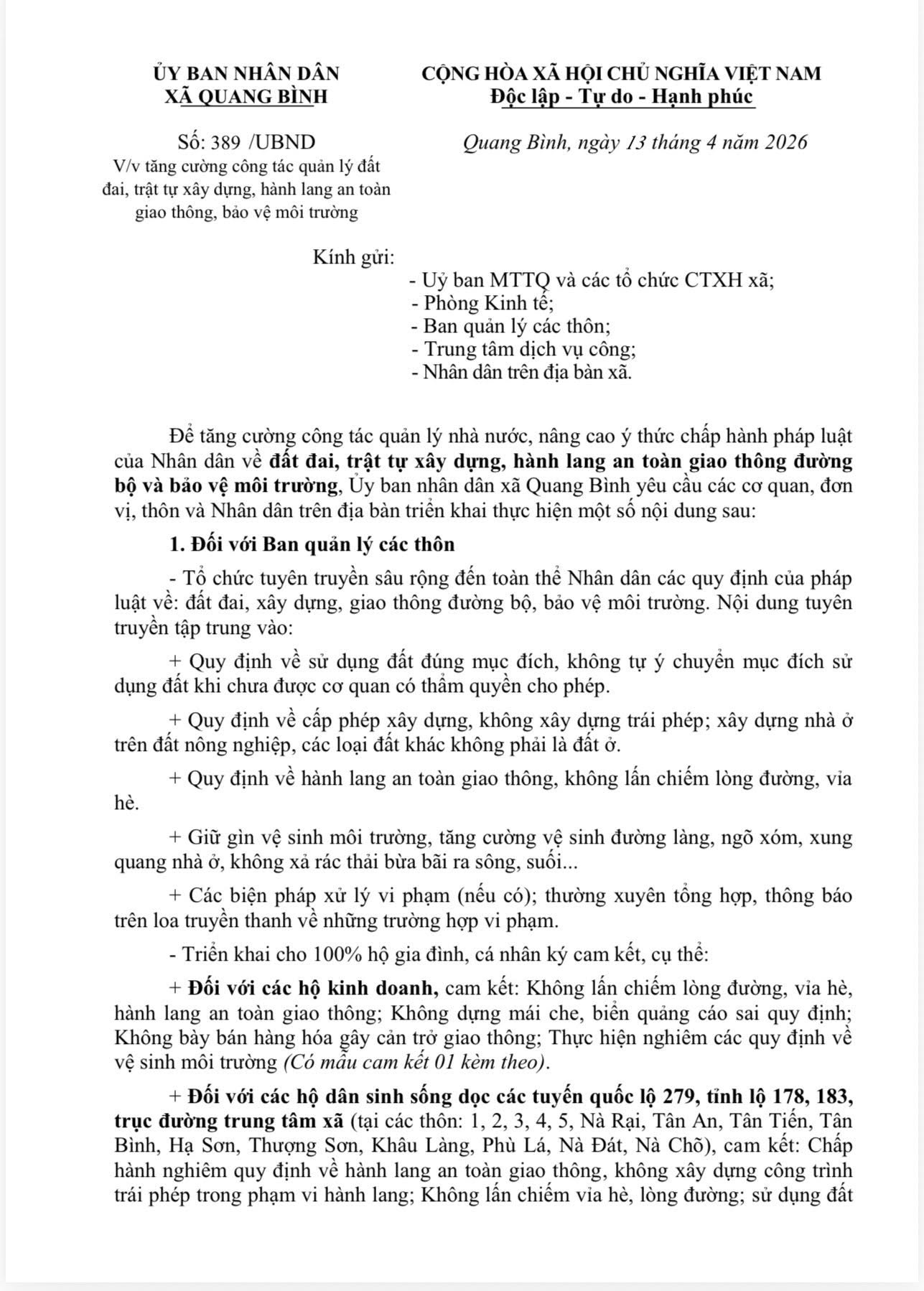 Tăng cường công tác quản lý đất đai, trật tự xây dựng, hành lang an toàn gia thông, bảo vệ môi trường