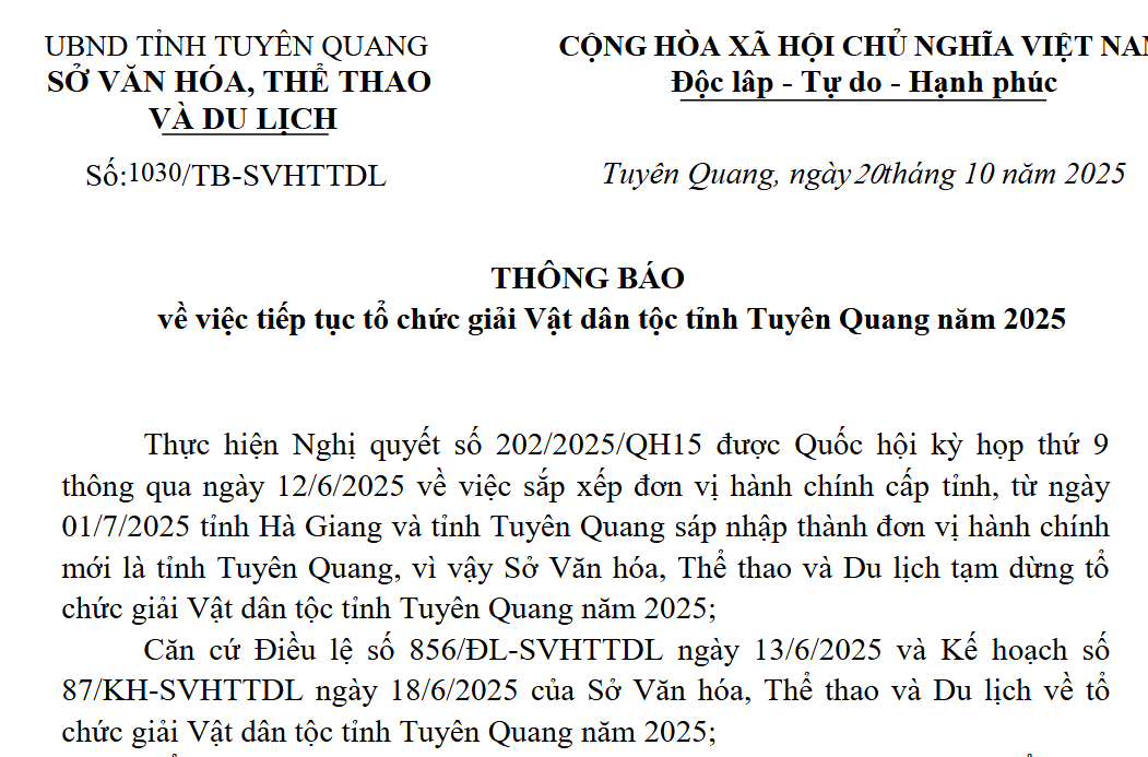 Thông báo về việc tiếp tục tổ chức giải Vật dân tộc tỉnh Tuyên Quang năm 2025