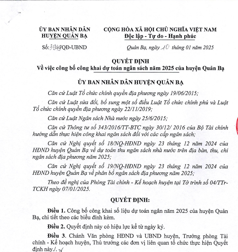 Quyết định Về việc công bố công khai dự toán ngân sách năm 2025 của huyện Quản Bạ