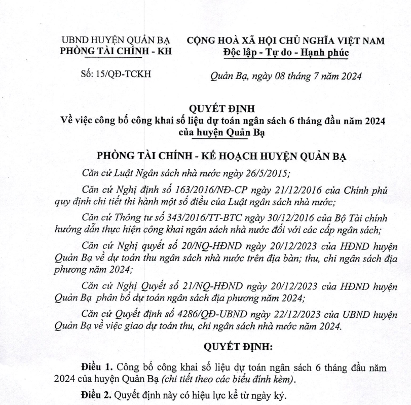 Quyết định Về việc công bố công khai số liệu dự toán ngân sách 6 tháng đầu năm 2024 của huyện Quản Bạ