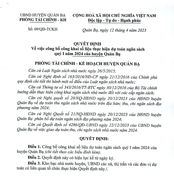 Quyết định Về việc công bố công khai số liệu thực hiện dự toán ngân sách Quý I năm 2024 của huyện Quản Bạ