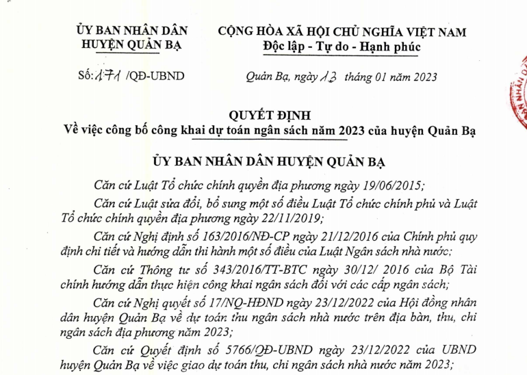 Quyết định Về việc công bố công khai dự toán ngân sách năm 2023 của huyện Quản Bạ