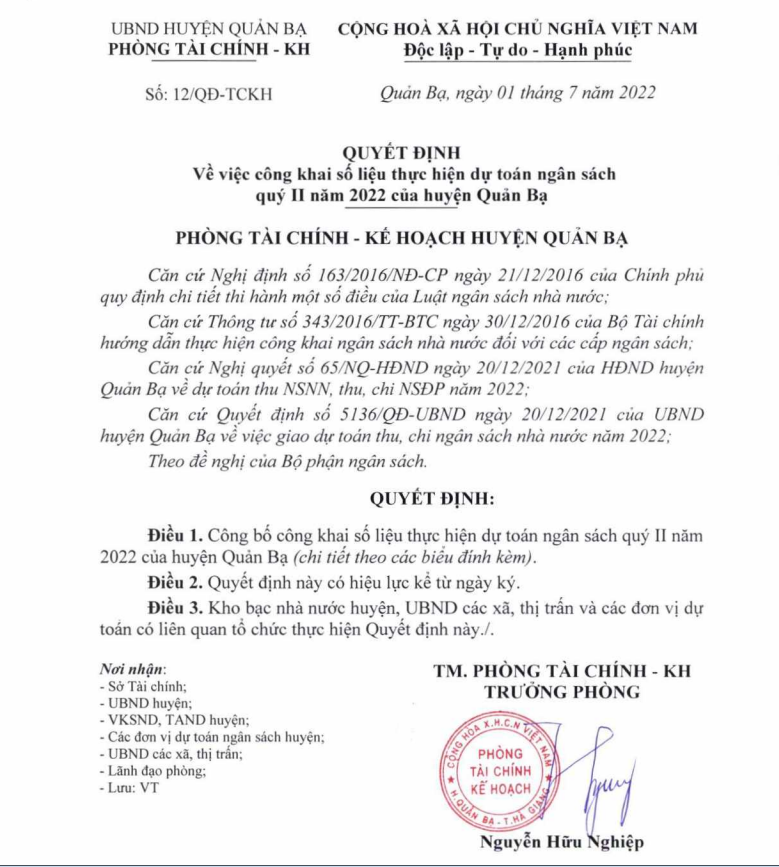 Quyết định công khai dự toán ngân sách quý II năm 2022 của huyện Quản Bạ