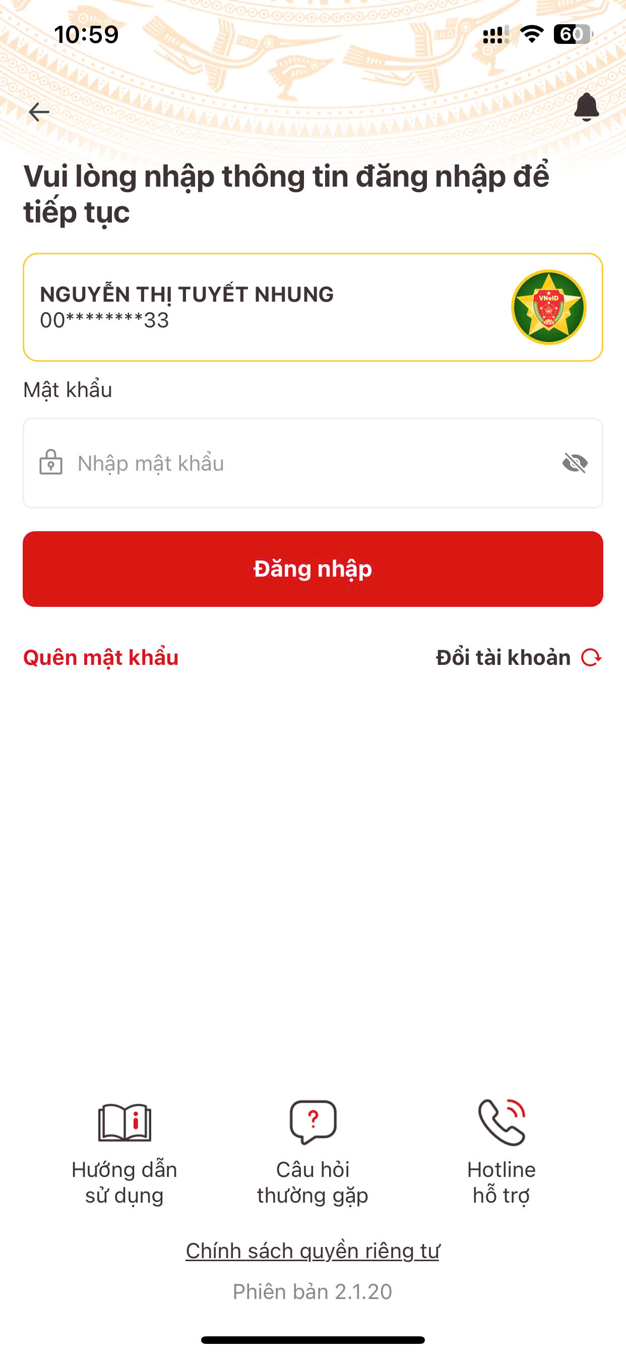 Bước 1 - Đăng nhập v&agrave;o t&agrave;i khoản VNeID